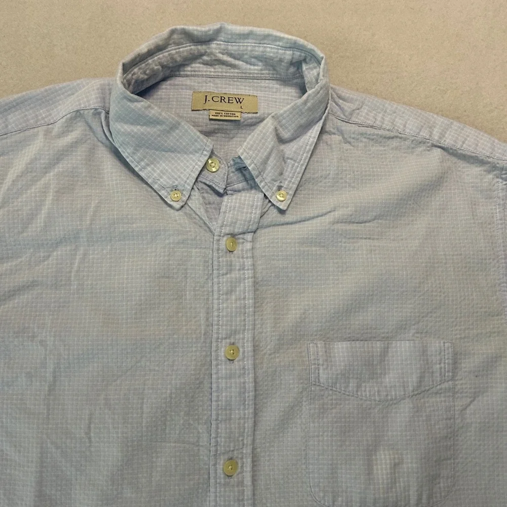 J. Crew Mens Large Blue White Seersucker Check Button Down Shirt Long Sleeve L